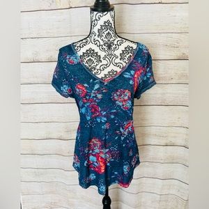 Mudd Women’s Colorful Floral V-Neck Short Sleeve Semi Sheer T-Shirt Size XL